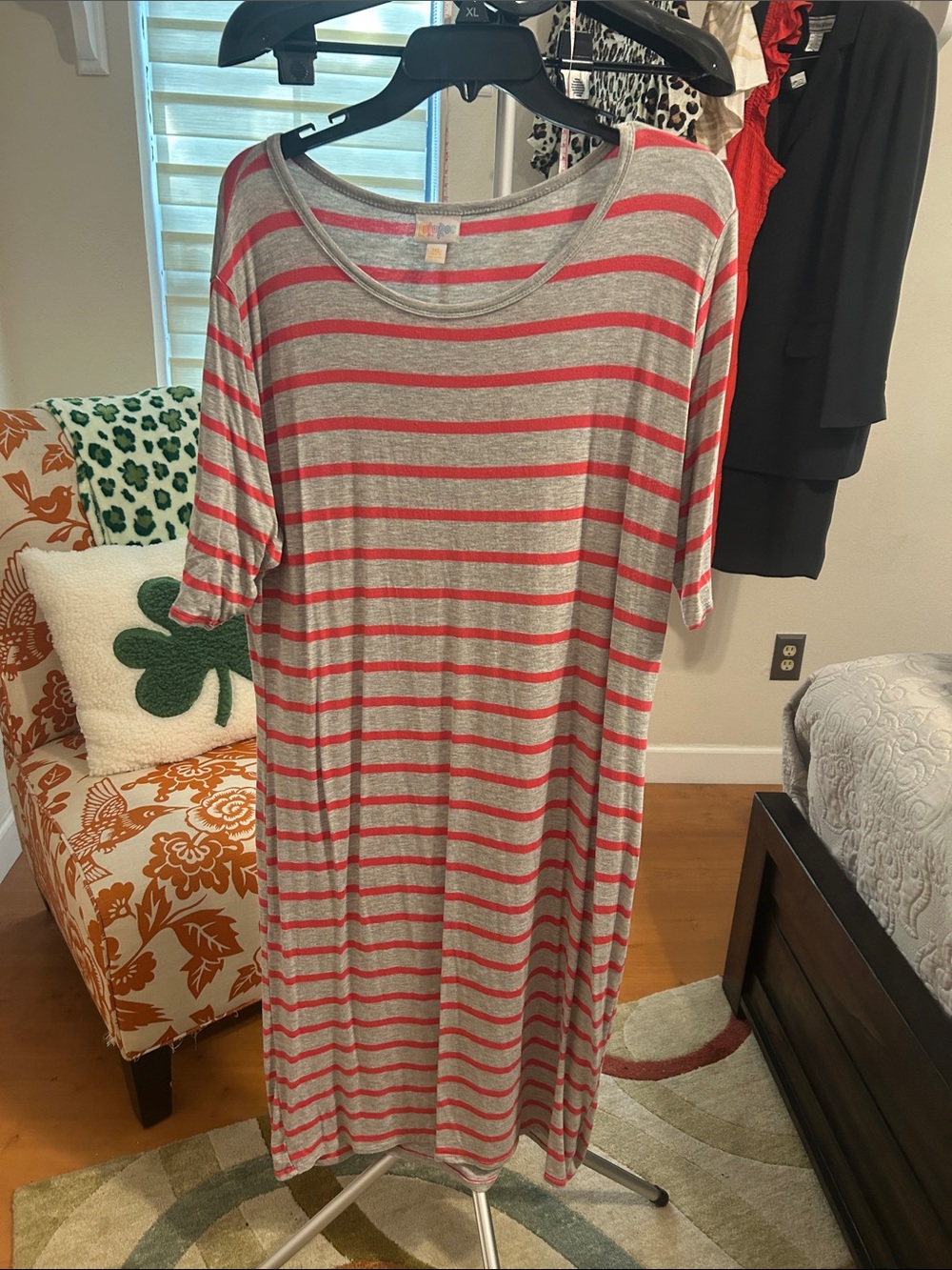 LuLaRoe Julia Gray and Coral Striped Midi Dress